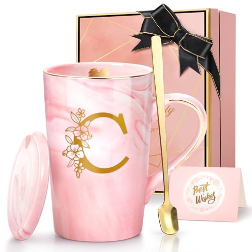 Personalized Gifts for Women Coffee Mug, 14 Oz Pink Initial Customized Mugs with Flower, Birthday Gifts for Women, Cool Mug Christmas Mother's Day Birthday Gift for Her Wife Mom Grandma Unique,C