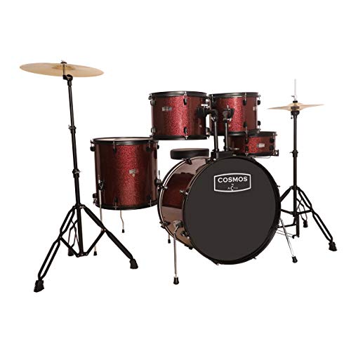 Image of ARCTIC COSMOS 5 Piece Complete Acoustic Drum Kit /Drumset with drumsticks, Cymbals and throne - With Hardware. Best Sounding shells, most durable build. (Red)