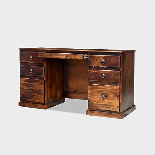 Image of Sheesham Wood Wooden Study Writing Desk Table for Office | Laptop Computer Table with 6 Drawers Storage for Home and Office | Sheesham Solid Wood Study Table,Teak