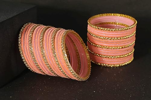 Image of NMII Premium Glass & Golden Beads Velvet Bangle Set For Women and Girls | Velvet Chudi | Traditional Chudi Set | Designer Girl's Bangles Bracelet | Wedding, Party, Festive, Daily- Set of 34