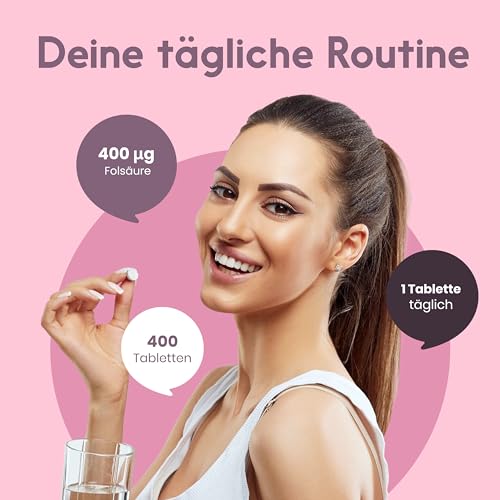Folsäure 400µg - 400 Tabletten - hochdosiert - laborgeprüft mit Zertifikat - 100% vegan - Jahresvorrat - Verpackung kann variieren