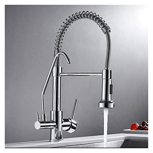 JVDDI Primavera de níquel Tire hacia Abajo Faucet de la Cocina Doble Cochecito 360 Swivel Handheld Ducha de la Mano Mezclador de Cocina Grúa Hot Frido 2 Outlet Taps de Primavera(A)