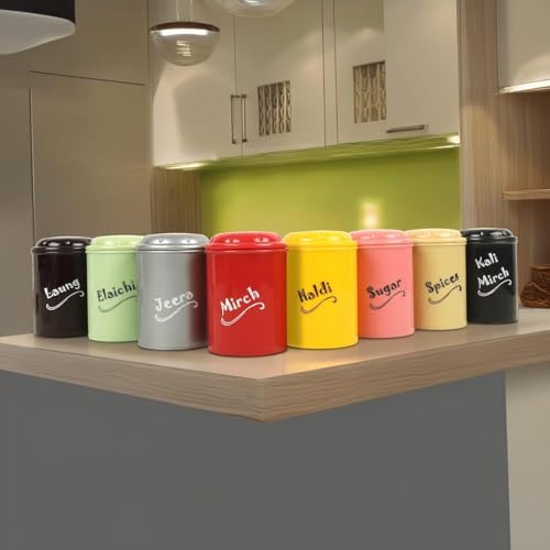 Image of E-COSMOS Set of 8 Plastic Spice Jars (300ml) BPA-Free Kitchen Storage Containers, Multi-Color Airtight Masala Box Set for Spices, Sugar, Haldi, and Mirch