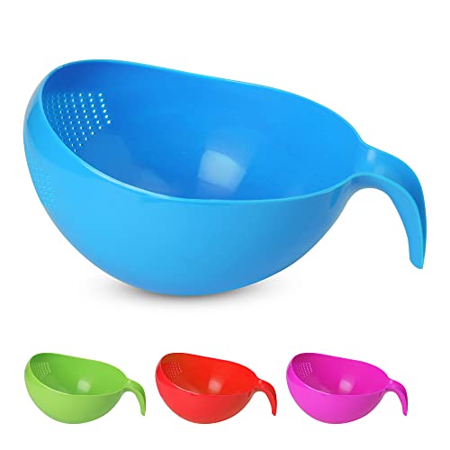 KSJONE Heavy Duty Rice Washer Strainer Colander Washing Bowl with Handle Vegetable/Rice Washer Strainer for Cleaning Fruits, Vegetables, and Beans 2.1 Qt (2L) (Blue)