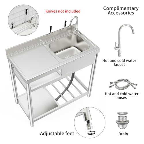 ROOMTEC 304 Stainless Steel Single Bowl Utility Sink Set, Commercial Restaurant Kitchen Sink, Outdoor Sink with Workbench & Storage Shelve with Hot and Cold Water Pipes (39 in(Right bowl))