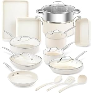 Gotham Steel 20 Pc Ceramic Pots and Pans Set Non Stick, Kitchen Cookware Sets, Pot and Pan Set, Ceramic Cookware Set, Non Toxic Cookware Set, Non Stick Pots and Pan Set, Dishwasher Safe – Cream