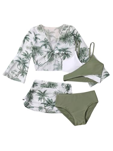 Image of WDIRARA Girl's 4 Piece Color Block Swimsuit and Coverup Set Tree Print Boho Swimwear