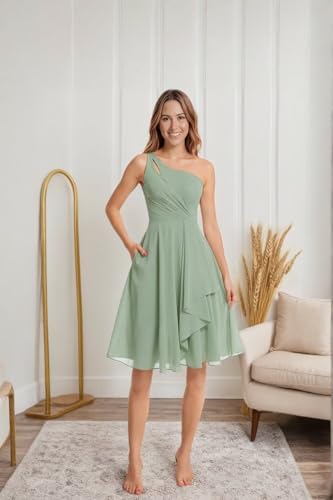 One Shoulder Short Bridesmaid Dresses for Women with Pockets Chiffon Ruffles Keyhole Pleated Formal Gowns WO0973
