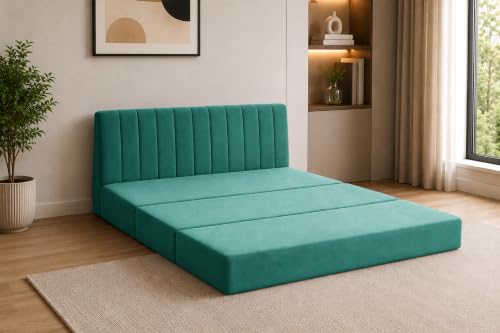 Image of 3-Seater Velvet Sofa Cum Bed | Convertible Sleeper Sofa | Modern Foldable Couch for Living Room, Bedroom & Office | Green