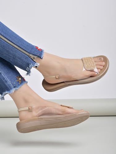 Image of Shoetopia Women's Transparent Slingback Sandals with Beaded Embellished Strap - Casual Flat Comfort Footwear