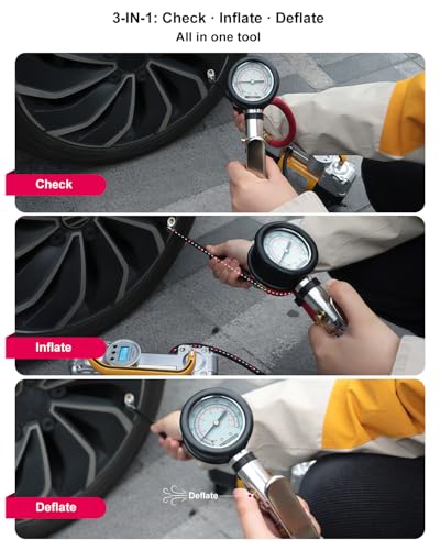 ATsafepro Tire Inflator with Gauge, 10-160 PSI, 12-Inch Extended Straight Air Chuck with Pressure Gauge for Dual Wheels, 1/4 NFT & Quick Plug, Tire Pressure Checker for Trucks, RVs, Trailers