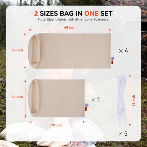 GearOZ Elk Game Bags Hunting Meat, 5-Pack Reusable Meat Game Bags, Rolled Heavy Duty Quarter Bags, Big Game Bags for Elk, Caribou, Deer, 48-Inch x4, 28-Inch x1