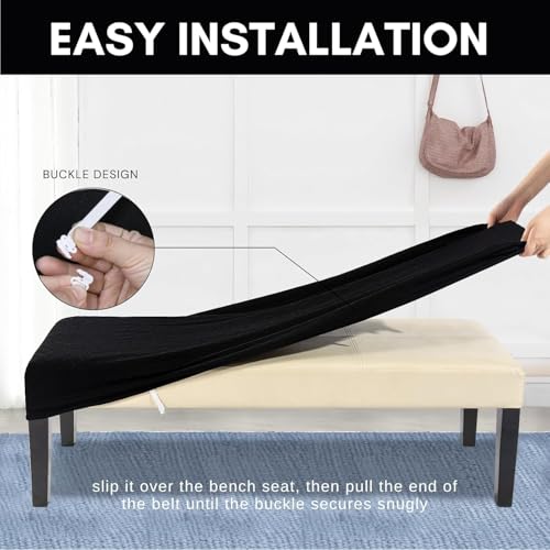 Image of SearchI Waterproof Dining Bench Cover, Stretch Washable Long Bench Seat Covers, Rectangle Dining Table Bench Slipover for Dining Room, Living Room, Kitchen(Black Jacquard)