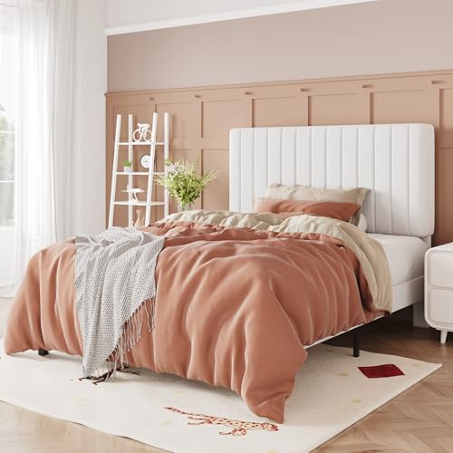 Image of Allewie Twin Bed Frame, Velvet Upholstered Platform Bed with Adjustable Vertical Channel Tufted Headboard, Mattress Foundation with Strong Wooden Slats, Box Spring Optional, Easy Assembly, Off-White