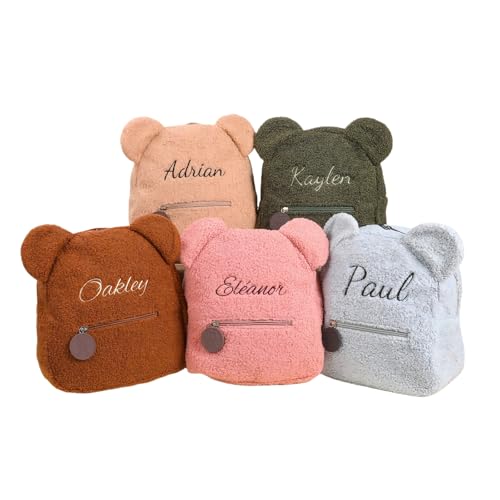 BJZLWJ Plush Little Bear Backpack, Embroidery Personalized Monogram Cute Fuzzy Bear Ears Head Backpack, Soft Fluffy Casual Sherpa Daypack Mini Shoulder Bag Purse Gifts for Boy and Girl