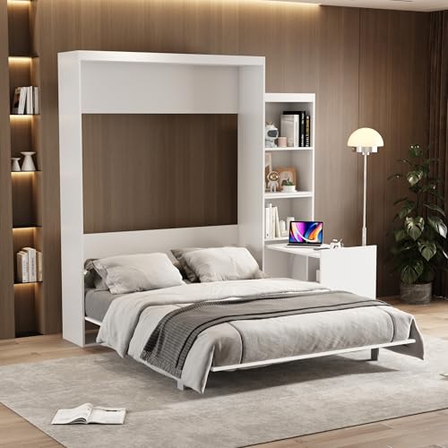 Queen Size Murphy Bed, Vertical Wall Bed with Fold-Out Desk