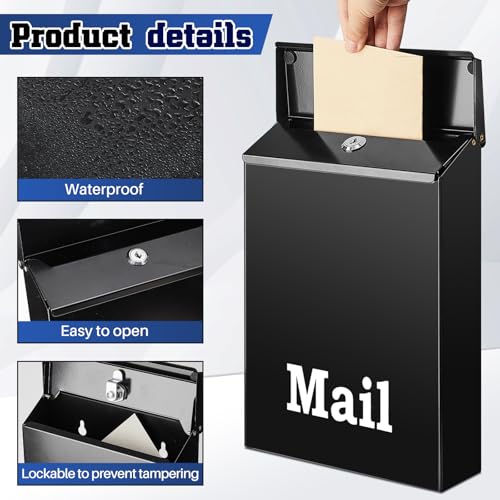 Image of MorningRo 12.2 x 8.66 x 3 Inch Large Black Wall Mount Mailbox with Lock Key for Outside Apartment Porch Rust Proof Security Key Drop Box for Letters Newspapers Cards