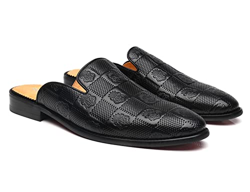 Image of Mens Black Backless Loafers Genuine Leather Mules Shoes