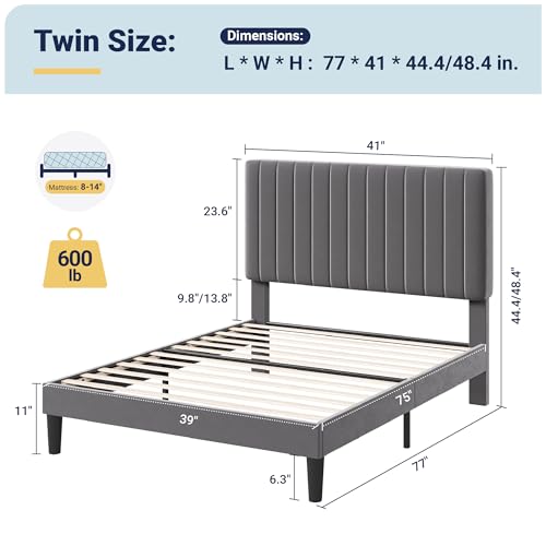 Image of Allewie Twin Bed Frame, Velvet Upholstered Platform Bed with Adjustable Vertical Channel Tufted Headboard, Mattress Foundation with Strong Wooden Slats, Box Spring Optional, Easy Assembly, Grey