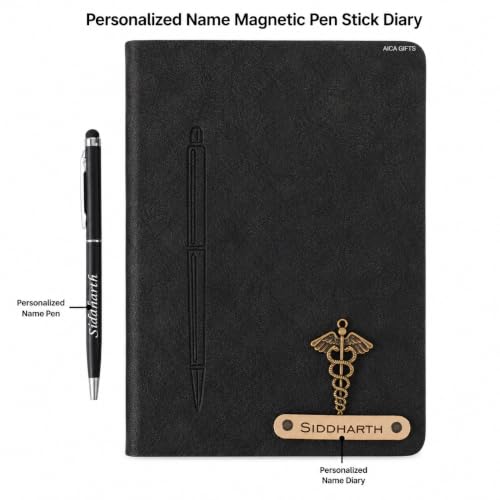 Image of AICA Personalized Name & Charm Magnetic Stick Leather (Black) Diary & Roller Pen |Customized Corporate Gift for Staff Employees |Diwali Gifts for Family and Friends|Diary for Men, Boys| Gifts For Mens
