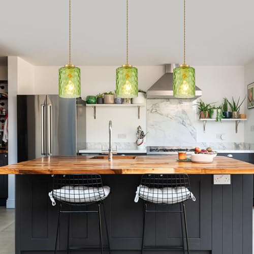 Image of MWZ Gold Pendant Lights Kitchen Island 3 Pack, Modern Hanging Kitchen Pendant Lighting Over Sink with Green Hammered Glass Shade,Small Chandeliers Fixtures Adjustable Cord Hanging Lighting