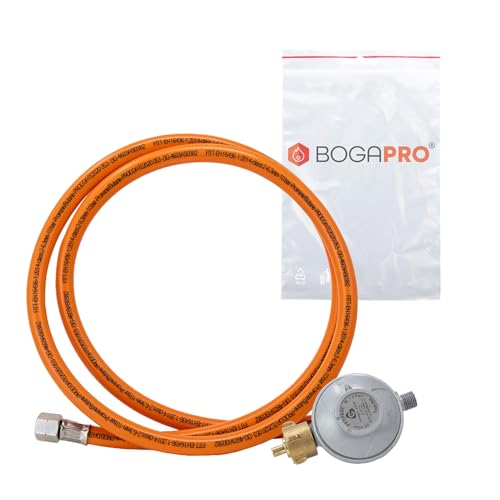 BOGAPRO Set aus Propangasschlauch 100 cm und Gasdruckregler 30 mbar Druckminderer Gas 1/4 Linksgewinde Gasschlauch und Druckregler inkl. Polybeutel Polyvinylchlorid (PVC)
