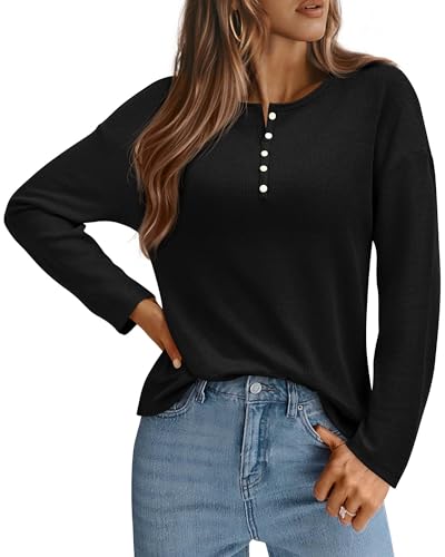 KIRUNDO Oversized Waffle Knit Tops for Women 2025 Fall Long Sleeve Henley Shirts Casual Blouse Deco Button Fashion Clothing