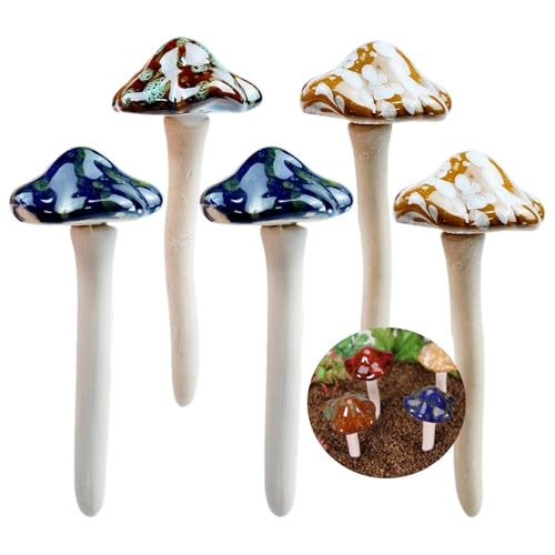 LTHERMELK 5 Stück Keramik Pilz Bunte Gartenpilze Toadstool Fliegenpilz Deko Garten Töpfe Dekoration Keramik Ornament für Fairy Garden Deko Blumentopf Rasen