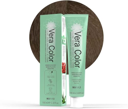 Vera Color – Rubio oscuro intenso 6 – Coloración profesional de larga duración en crema sin amoniaco con queratina vegetal, aloe vera y bayas de Goji – Cobertura total del cabello blanco – 100 ml