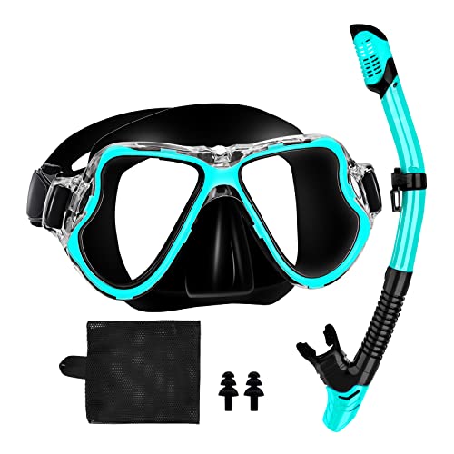 Snorkelfun Dry Snorkeling Gear For Adults, Panoramic Wide View Snorkel Mask, Professional Scuba Mask And Snorkel, Anti-Fog Tempered Glass Diving Snorkel Set (Black Teal) #TOP17