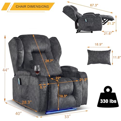 Image of Oprisen Wall Hugger Power Recliner Chair Set of 3, Overstuffed Home Theater Seating w /Heat Massage Electric Movie Gaming Sofa Reclining Sleeper Chair with LED Light /Lumbar Pillow /Cup Holders
