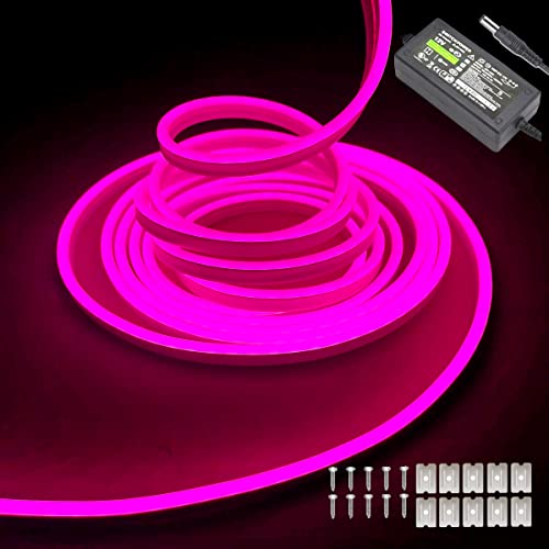 dobestyou Pink Neon LED Strip Lights - 16.4ft (5M) 12V DC 600 SMD2835 LEDs Waterproof Flexible Rope Light for Indoor/Outdoor Decor (Includes Power Adapter)