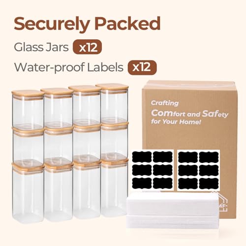 Image of ComSaf Storage Jars with Lid, Airtight, Set of 12 Glass Containers, Storage Jar with Wooden Lid, Storage Jars, Glass Storage Jars, Square Storage Container for Pasta, 600 ml x 8 & 1 L x 4