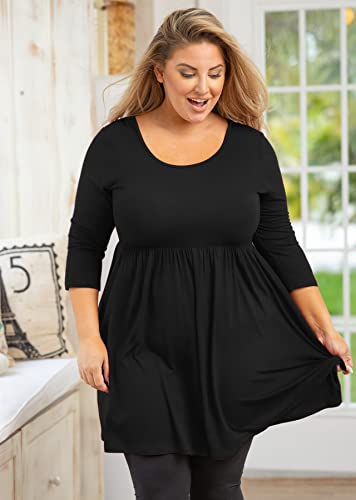 Auslook Plus Size Tops For Women 3/4 Sleeve Black 2X Blouses Crewneck Clothes Tunic Pleated Clothing Flowy Loose Fit Babydoll Summer Fall Winter Maternity Shirts Wear With Leggings #TOP2