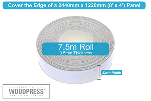 Image of WoodPress 7 /8 inch Matt White Melamine Edge Banding, Pre-Glued Veneer Tape - 25 ft Roll - Iron-On for Easy DIY Application - Will Cover The Edge of a Standard 8' x 4' MDF Panel