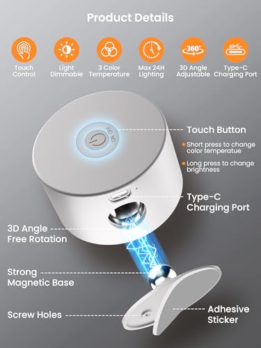 Image of AUDERWIN LED Wall Sconces Rechargeable Wall Mounted Wireless Lights, 3 Color Temperatures & Dimmable, Magnetic 360 Rotation Picture Lights Bedside Decor Wall Lamps for Bedroom Night Reading