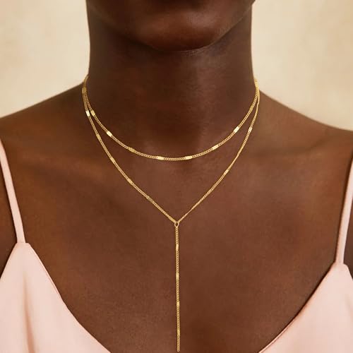 Lariat Gold Necklace for Women, Dainty Long Necklace 14k Gold Plated Y-Shaped Necklace Trendy Layered Bar Paperclip Link Beaded Chain Necklaces Simple Gold Jewelry for Women Gift4