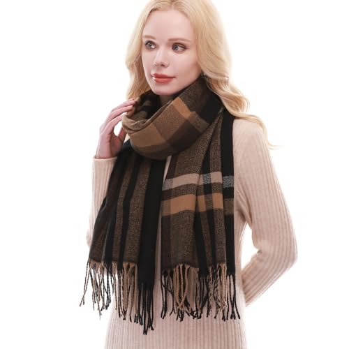 RIIQIICHY Plaid Scarf for Women Fall Winter Pashmina Scarves Wraps for Cold Weather Warm Large Black/Tan/Grey
