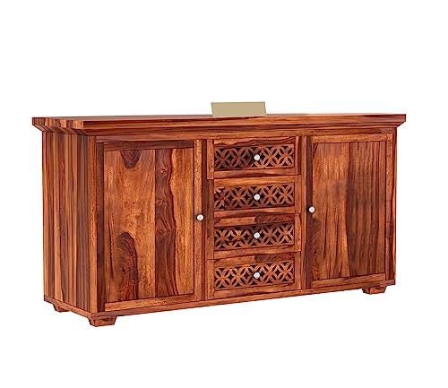 Image of Solid Sheesham Wood Wooden Sideboard Storage Cabinet & Chest of Drawer : Ideal for Living Room and Bedroom with 4 Drawers and 4-Shelf Storage (Cambrey, Honey Finish)