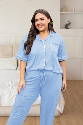 Image of Vozanet Women's Plus Size Pajamas Button Down Shirt and Pants Soft Lounge Sets Bride Nighty Bottom with Pockets 1x to 5x