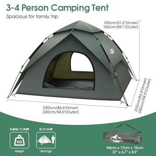 Camping Tent, 3-4 Man Person Tents Pop Up Family Dome Tent Waterproof Windproof, Large Lightweight 4 Seasons Tent, 2 in 1 Double Layers Portable Camping Tents for Hiking Backpacking Outdoor - Image 7