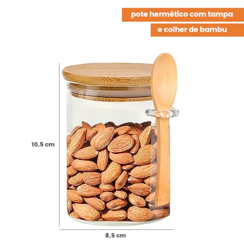 Pote de Vidro Redondo 600ml com Tampa Hermética de Bambu e Colher Ideal para Café Grãos e Temperos