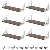 DINIAL Juego de 6 estantes flotantes montados en la pared para dormitorio, madera rústica con soporte de metal 04SH-06 (soportes marrón oscuro/blanco)