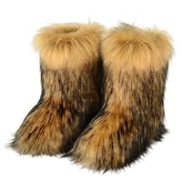 Furry Faux Fur Boots for Women Colourful Winter Warm Soft Plush Snow Boots Fuzzy Fluffy Round Toe Suede Flat Shoes Outdoor Indoor Mid-Calf Boot Brown