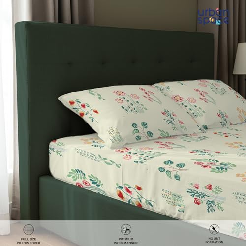 Image of Urban Space Serene 100% Cotton Bedsheet for Double Bed, Floral Queen Size Bed Sheet with 2 Pillow Covers (88 x 100 Inches, Eden Cream)