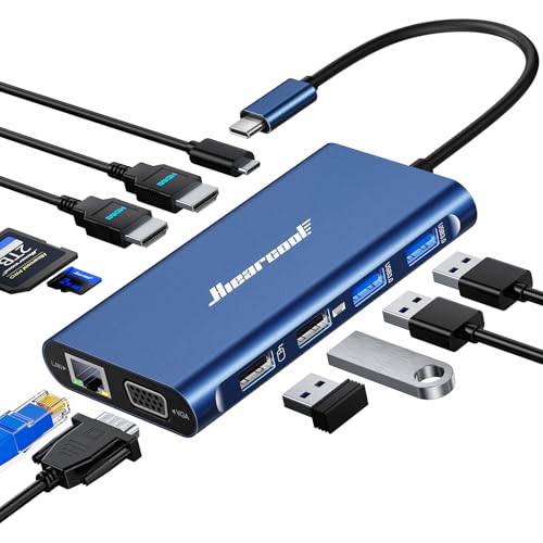 Image of Hiearcool USB C Docking Station, 11-in-1 Dock, HDMI, VGA, Ethernet, Blue