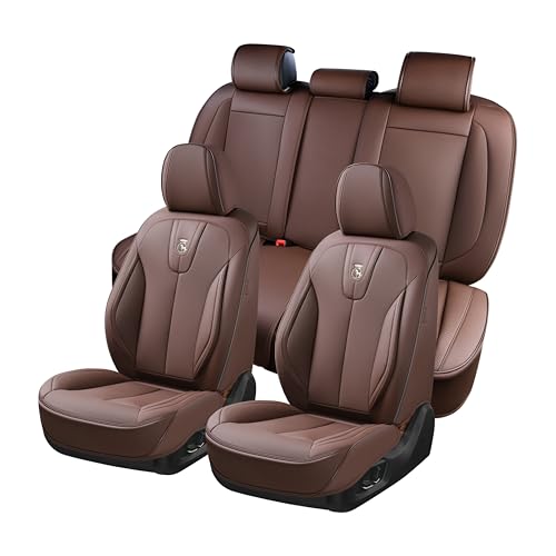 Image of Leather Seat Covers Full Set, Waterproof Seat Cover for Cars 5 Seats, Luxury Leatherette Car Seat Cushion, Front and Rear Protectors Automotive Seat Covers for Sedan SUV Pick-up Truck, Brown