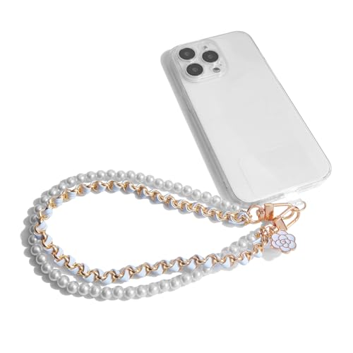 AGEN KGEN Phone Charm Anti Lost Wrist Strap Pearl Beaded Dual Phone Chain Hand Straps for Keychain Wallet Camera White