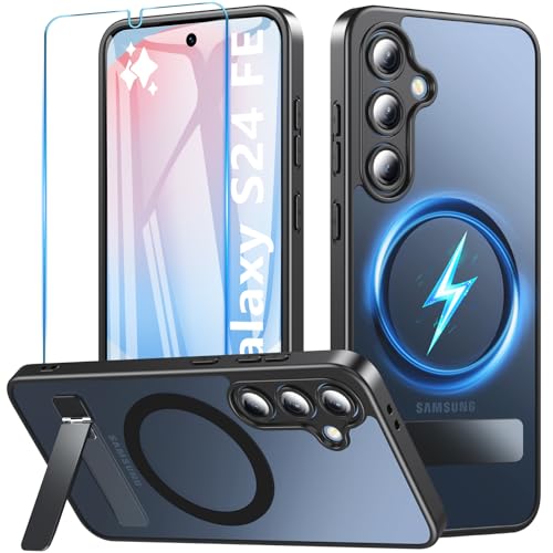 BESINPO Magnetisch für Samsung Galaxy S24 FE Hülle mit Ständer & Panzerglas S24 FE Hülle Kompatibel mit MagSafe[TOP Magnetkraft] Militärschutz Matt Transluzente Schutzhülle(Schwarz)