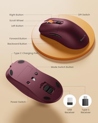 Image of ProtoArc EM15 USB C Mouse, Tri-Mode Bluetooth Mice for Laptop, Wine Red | 68g Ultra-Light, Full-Size Ergonomic Design, Silent Clicks, Rechargeable, Dual Receivers (Type-C & USB-A), for Windows, Mac